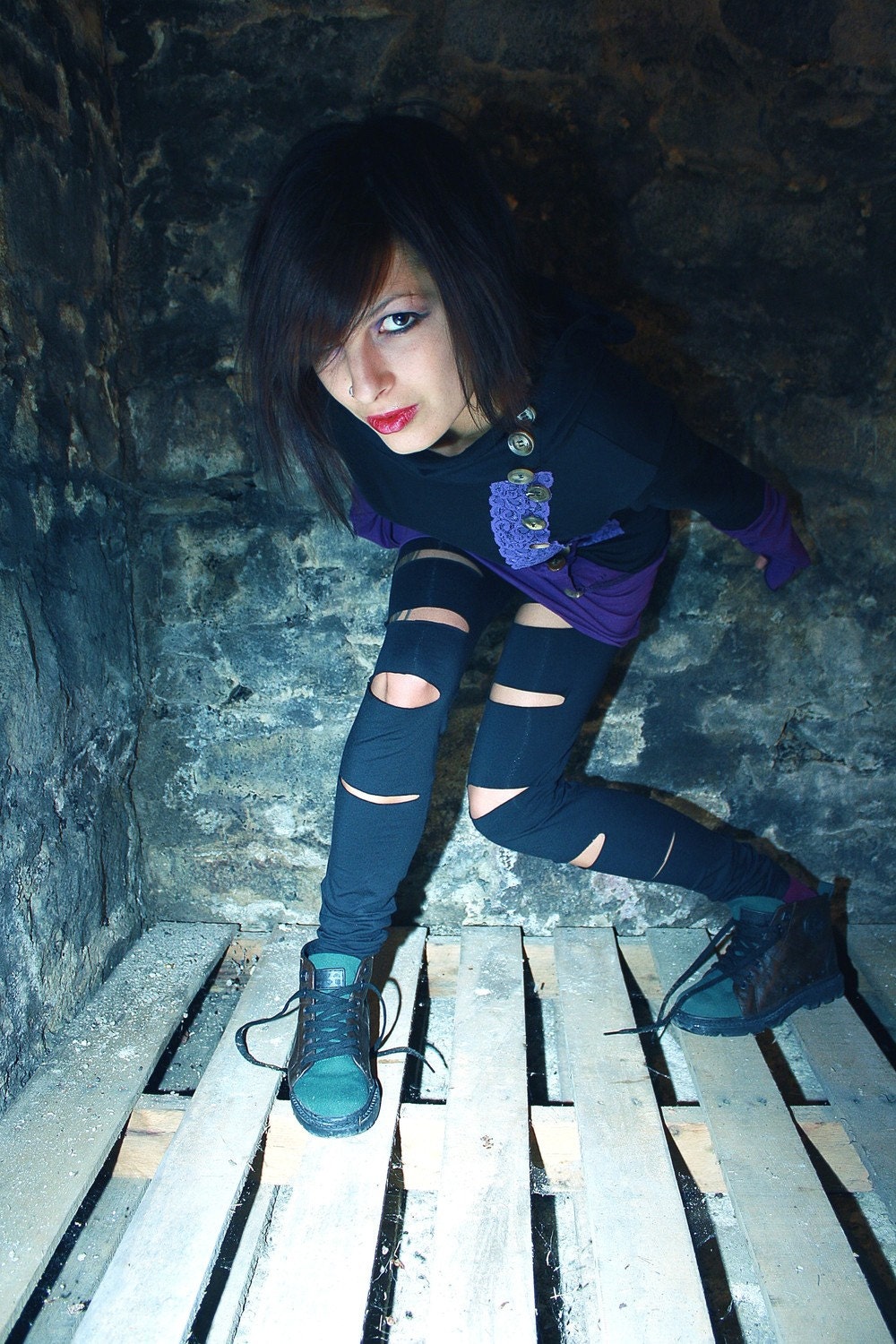 Grunge Rock -- Organic Slitted LEGGINGS Cigarette Skinny Pants -- Custom Item -- LAST CHANCE