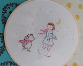 Night skating Follow me Cute Hand embroidery pdf pattern of Hedgie and girl skating by night.