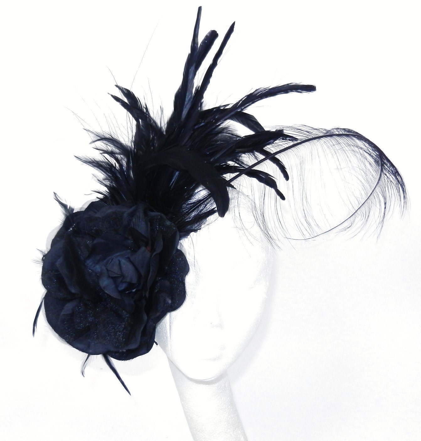 Black Feather Fascinator Hat for Weddings, Occasions and Parties WIth Black Headband