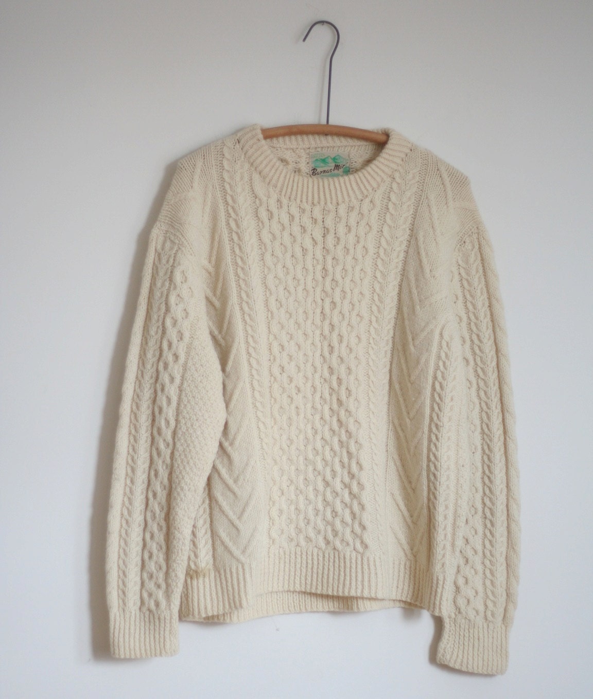 SALE 50s Cream White Fisherman Chunky Cable Hand Knit Sweater Wool XL Vintage