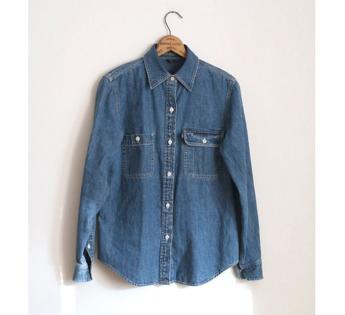 Blue Denim Chambray Oxford Shirt Vintage 80s Blouse M L