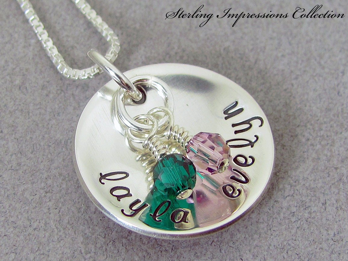 Hand Stamped Jewelry - Personalized Necklace - Sterling Impressions Handstamped Single Disc Two Name CUPPED Birthstone Necklace
