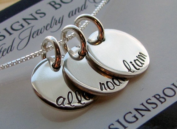 Hand Stamped Necklace - Personalized Mom Jewelry - Sterling Impressions Three Disc Half Inch Pendant Name Necklace