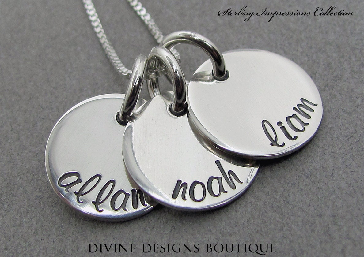 Hand Stamped Necklace - Personalized Mom Jewelry - Sterling Impressions Three Disc Half Inch Pendant Name Necklace