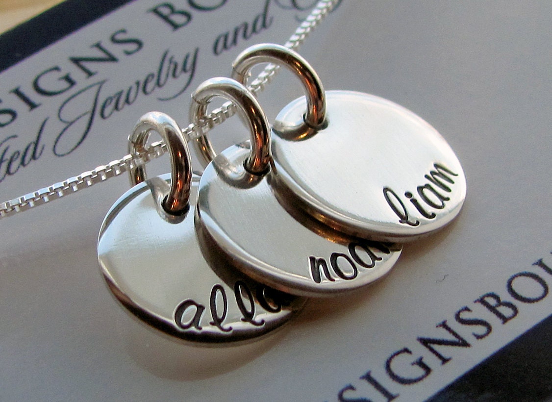 Hand Stamped Necklace - Personalized Mom Jewelry - Sterling Impressions Three Disc Half Inch Pendant Name Necklace