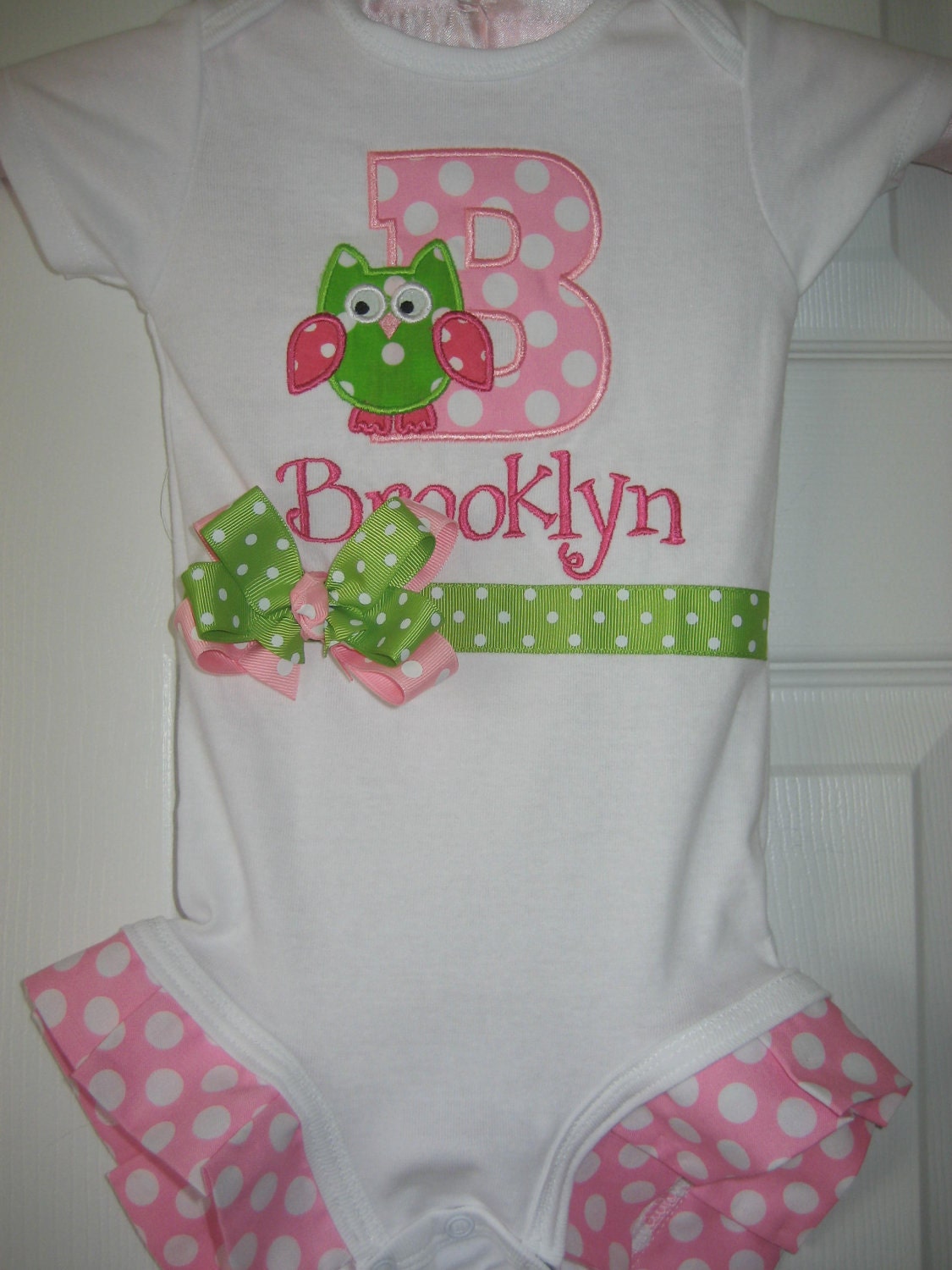 Boutique Owl Initial monogrammed one piece with bow and ruffles