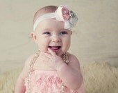 PInk Baby headband and Lace Romper Set...SALE priced..Hair bow..The Emma vintage inspired headband and romper set..custom sizes available