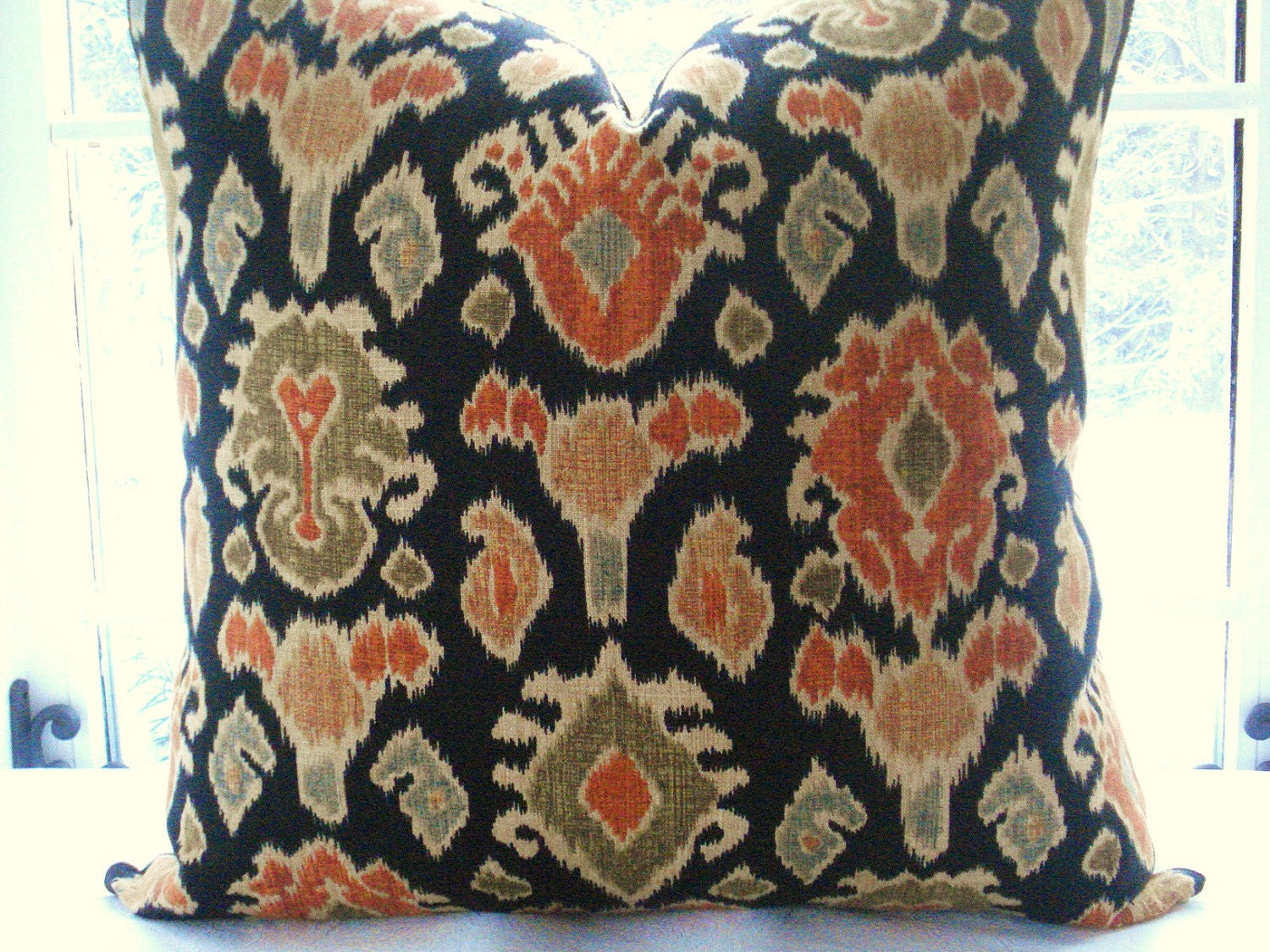 BOTH SIDES--Decorative Pillow Cover - IKAT- Designer Fabric -20X20-22X22-14X24 and more-Linen -Blue-Orange-Green-Gold Black- Cream