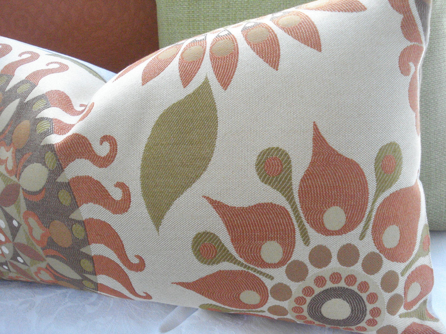 LAST ONE 12X22--Decorative  Pillow Cover--Suzani Tribal -12 X22 Designer Fabric -Orange Lumbar Throw Pillow---Spice Colors--Woven Jacquard
