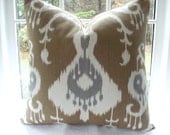 BOTH SIDES-Ikat Lumbars and Throws Pillows-- Designer Decorative Pillow Cover -Tan Throw/Lumbar Pillow --Cafe Au Lait Tan Ivory , Steel Grey