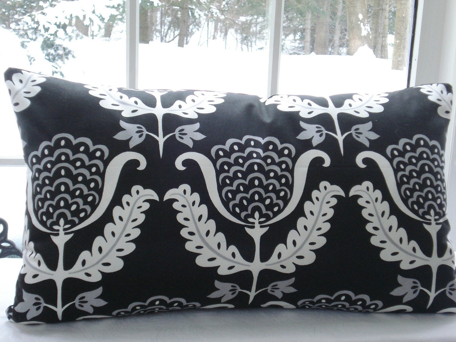 Lumbar Decorative Pillow Cover-Retro Floral Pillow--14x24-- Designer Fabric--Black-White-Grey-Silver--Contemporary-Waverly Pillow