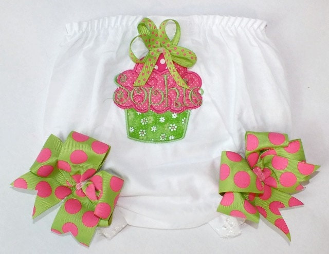 PERSONALIZED Baby Birthday Bloomers...Cupcake, Polka Dot Ribbon, Embroidered Name....Custom Colors, Styles Welcome