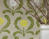 Dandelion hand printed linen tea towel on warm gray