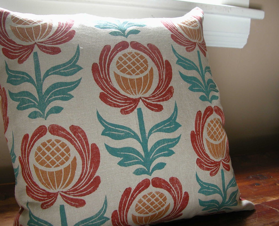 Folk Art Floral Home Decor hand printed linen pillow case