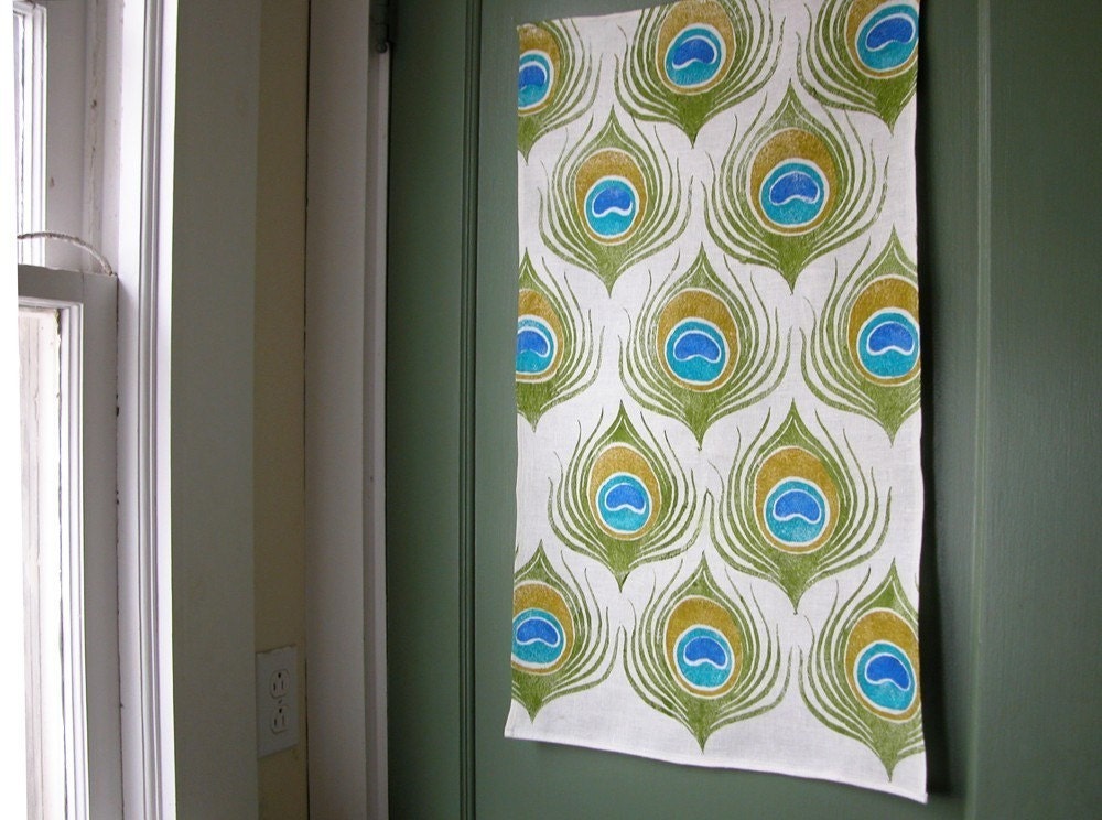 Hand Printed Peacock feather linen tea towel set of 3