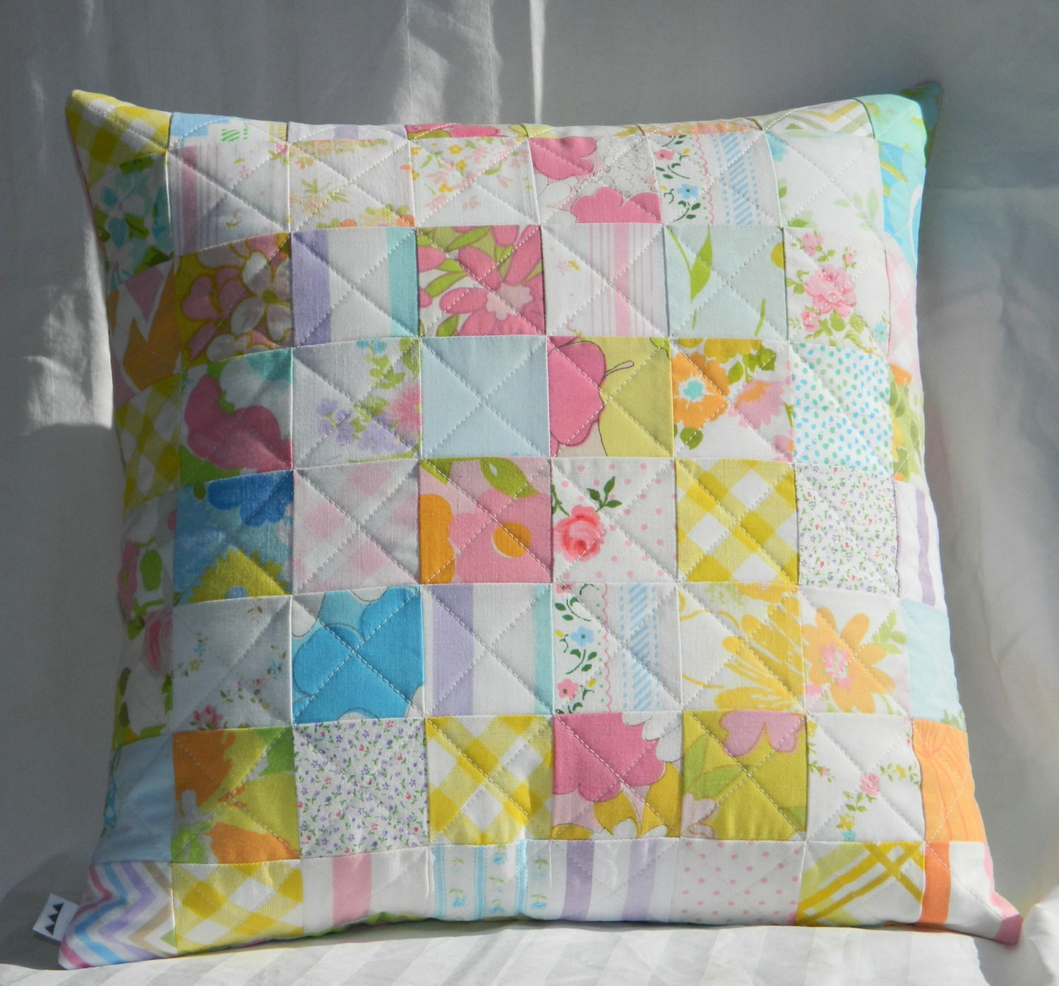 Handmade quilted pillow cover - patchwork vintage sheets