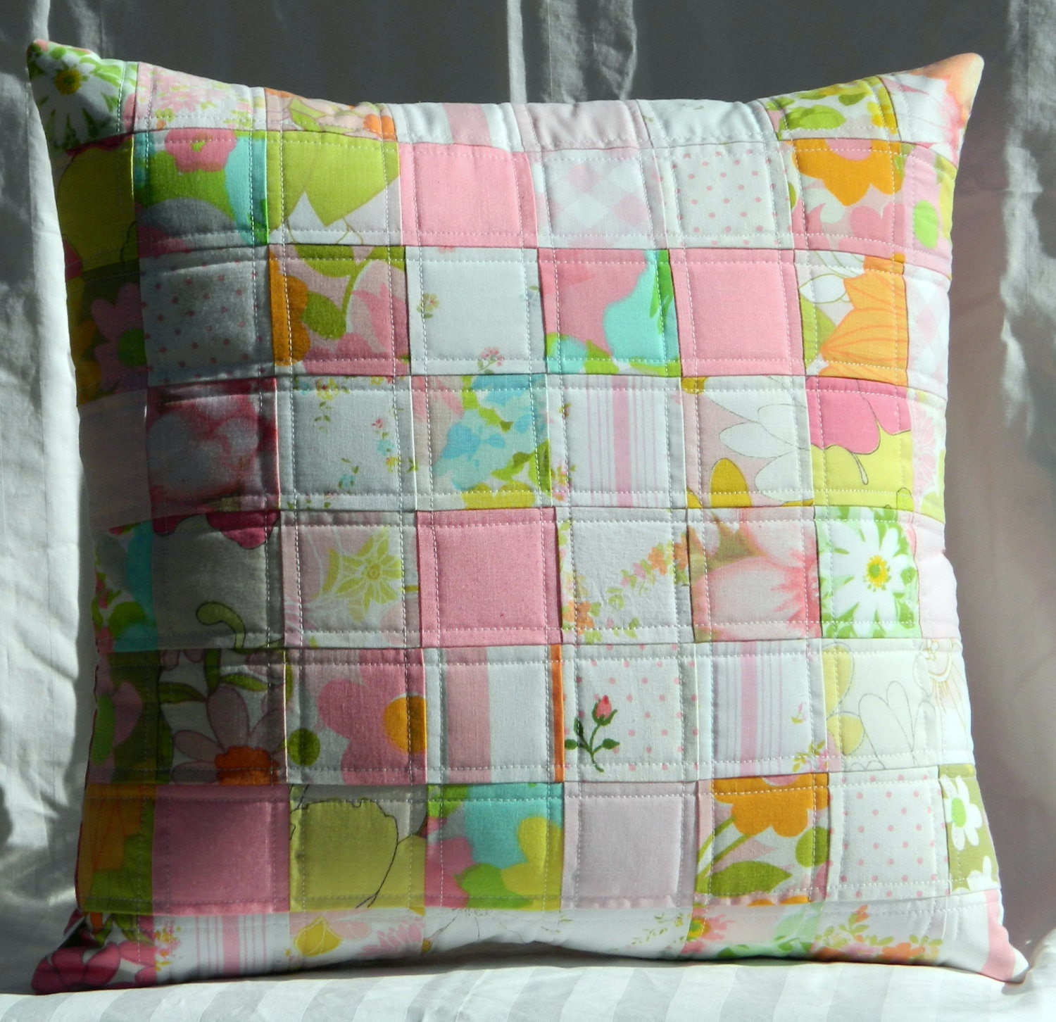 Handmade quilted pillow cover - pink patchwork vintage sheets