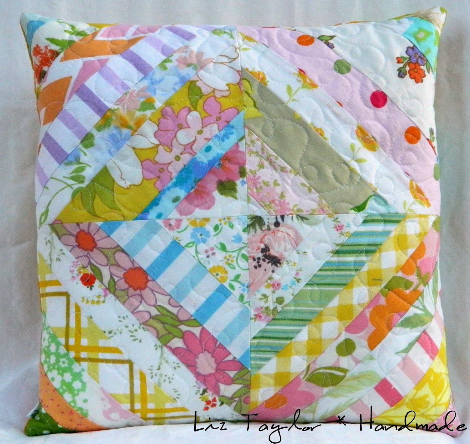 Handmade quilted pillow cover - vintage sheets
