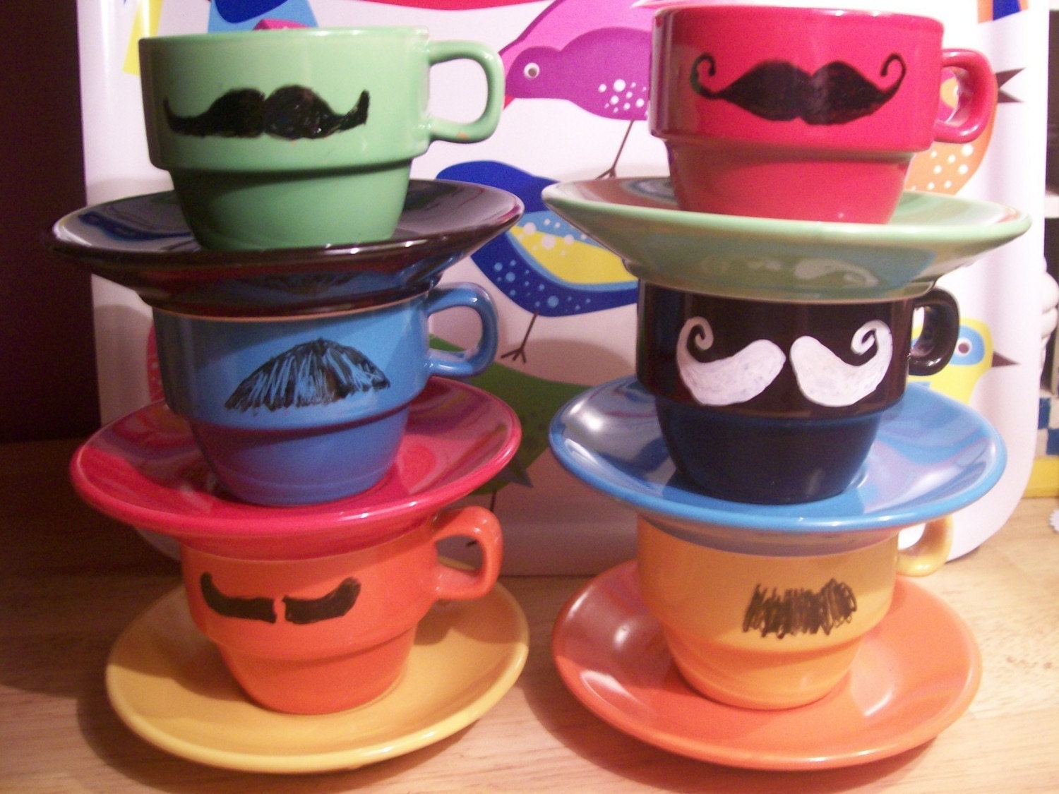 New Modern Stacking Mustache Mugs with matching saucers-Moustaches
