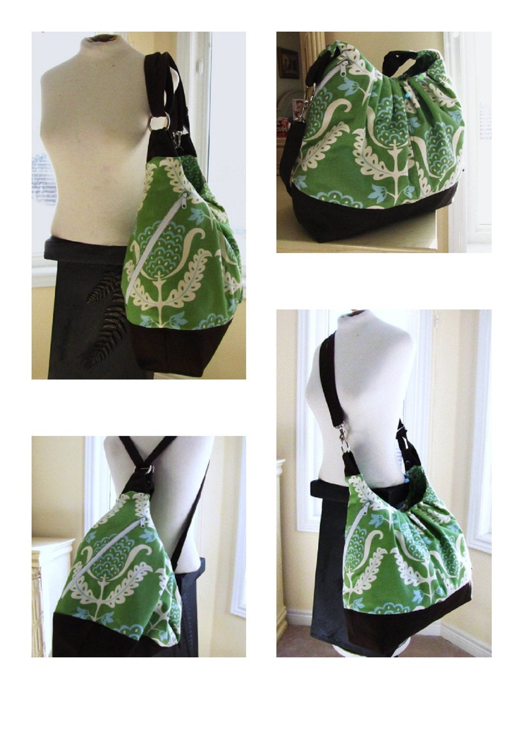 Extra large cotton tote bag, convertible backpack with leather  - Green Mint Juplet