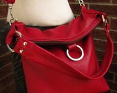 Red leather bag , fold over bag , leather tote , large slouchy 3 way purse - Watermelon