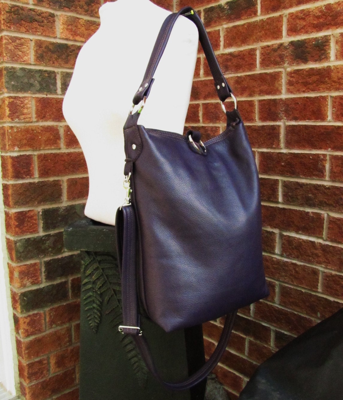 Fold over purple leather purse, 3 way slouchy bag - Eggplants