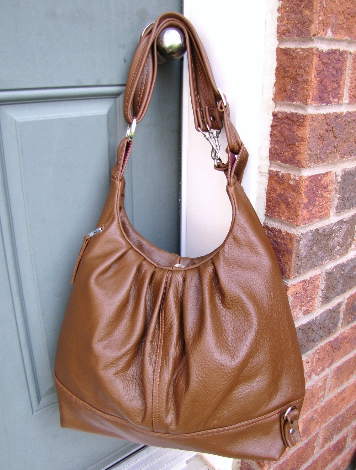 Big size tan leather bag, pleated women's bag in backpack style, messenger, shoulder tote bag - Oak Tan