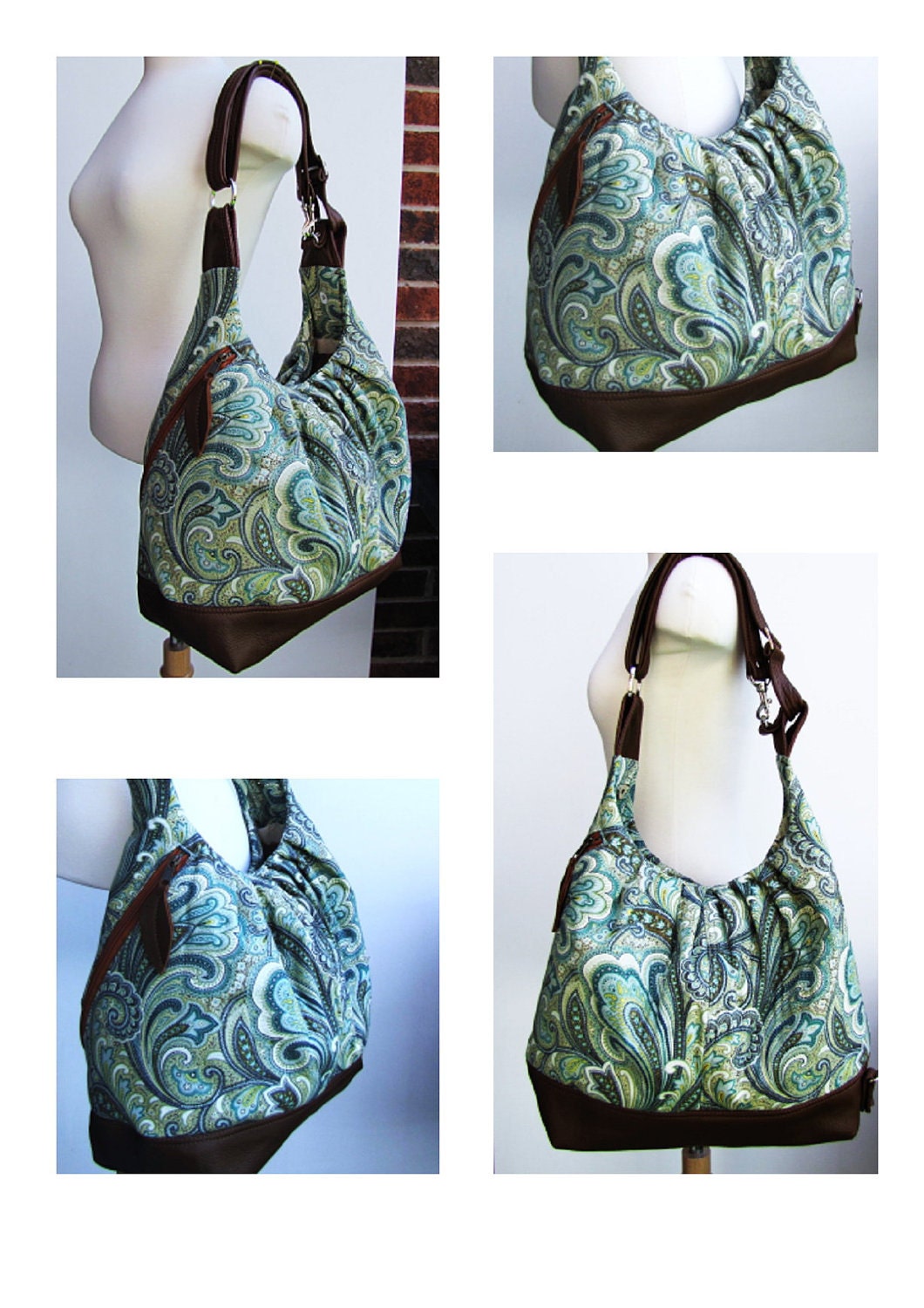 Green Paisley Cross body diaper bag with leather base and straps, Extra large bag