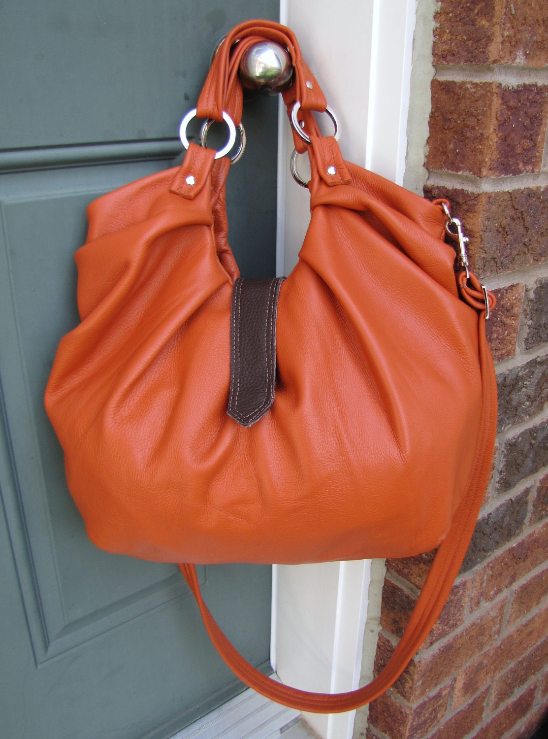 Large orange leather bag, pleated purse. Boston bag, convertible backpack purse - Tangerine Tango
