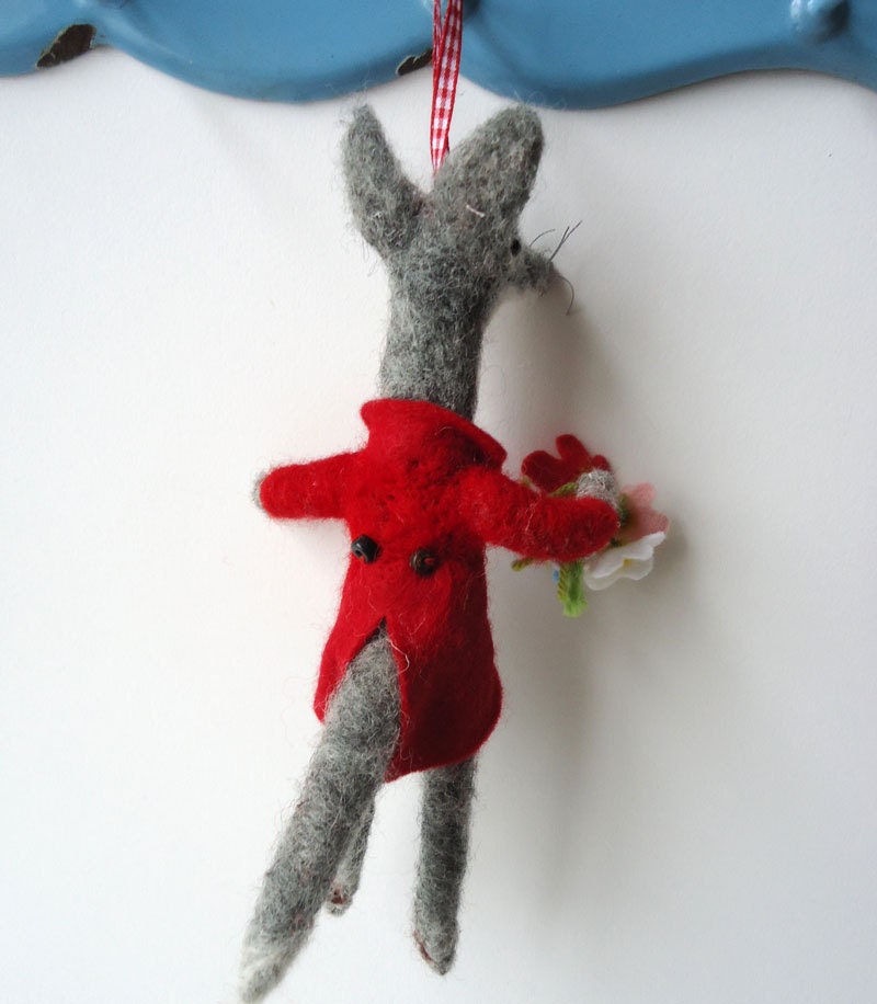 Original needle felted  Slightly  Big Bad Wolf with Felt flowers