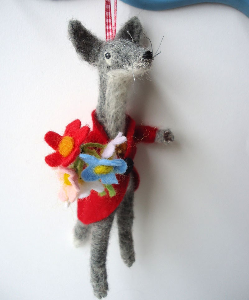 Original needle felted  Slightly  Big Bad Wolf with Felt flowers