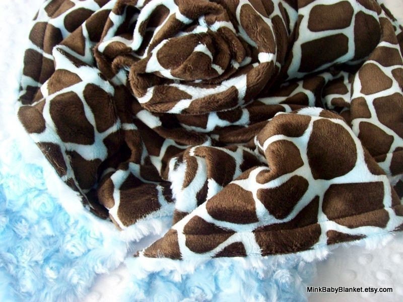 Minky Baby Blanket - Brown & Blue Giraffe Print /Baby Blue Minky Swirl - Stroller Blanket