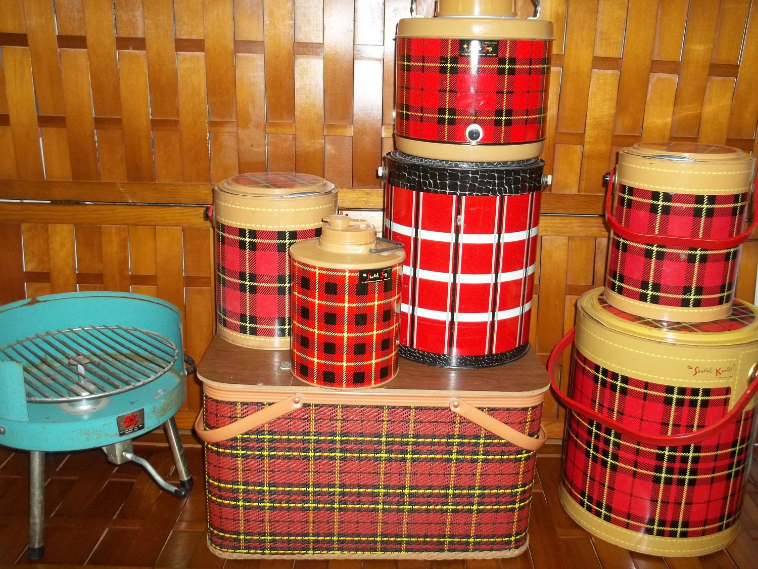 Reduced 199.00The Ultimate Vintage Cooler collection and turquoise grill and red Plaid picnic basket
