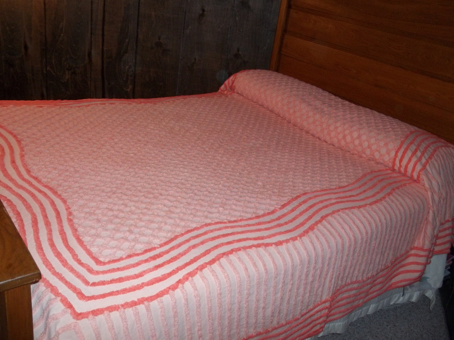 Vintage Peach Chenille lattice bedspread