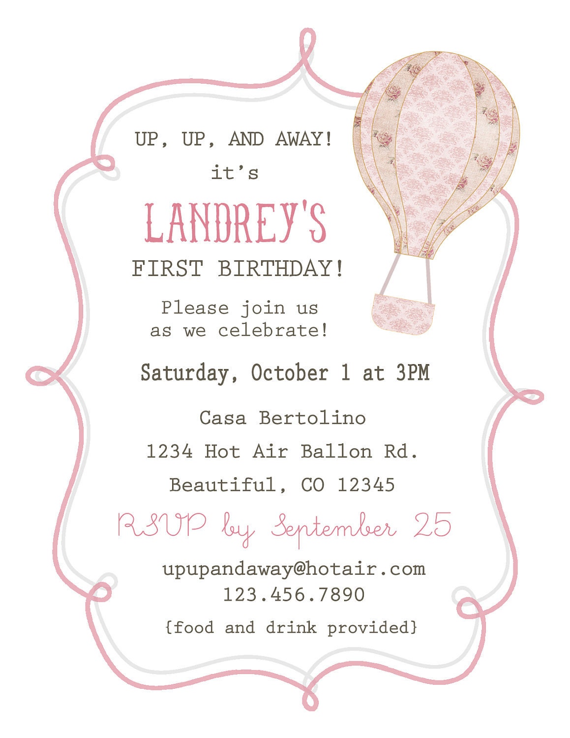 Custom for mccombheather - Custom Printable Vintage Chic Hot Air Balloon Baby Shower or Birthday Invitation, It's a Girl