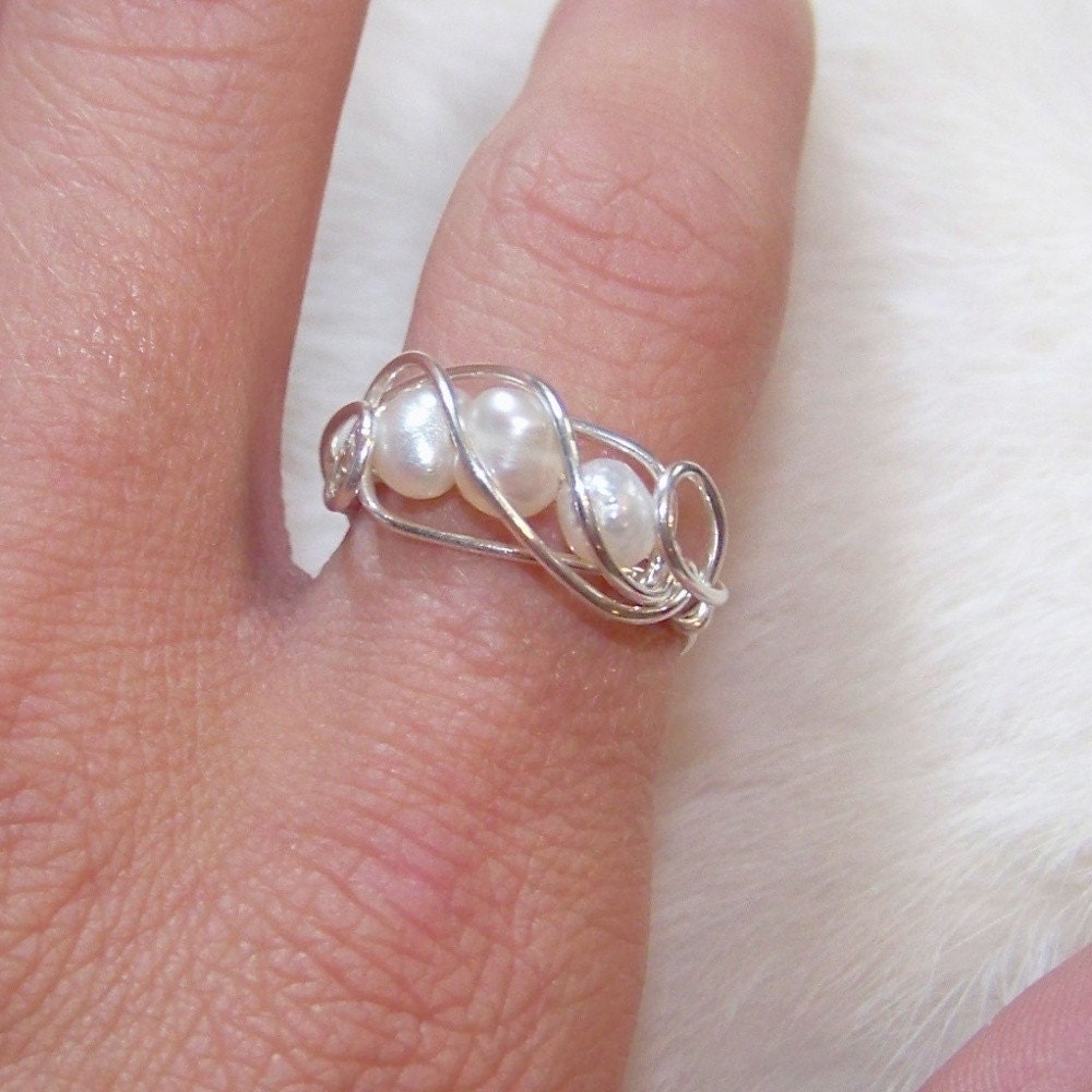 Sterling Silver Wire Wrapped Ring with Three Pearls - Made to Order