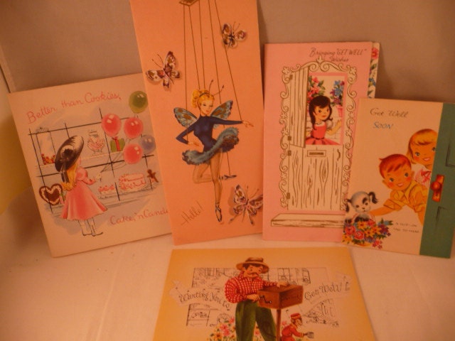 5 Darling Vintage Mid Century Get Well Cards Unused