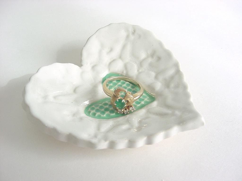 Sweet little heart tray, Hand built stoneware pottery Snowy white and mint green