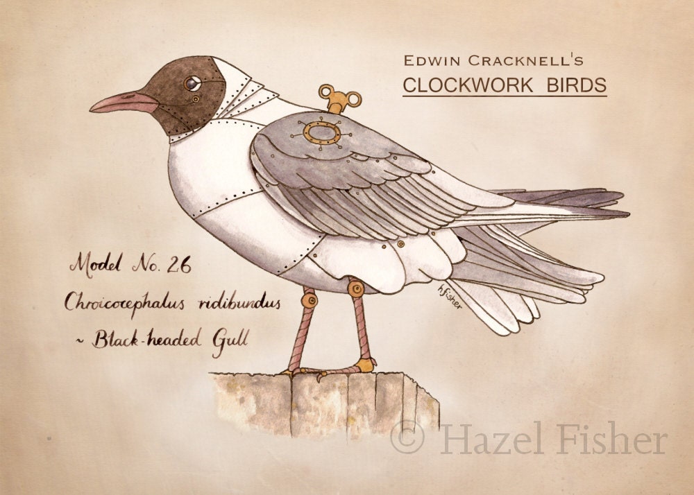 Clockwork Bird - Black-headed Gull - steampunk Illustration 5x7 Print
