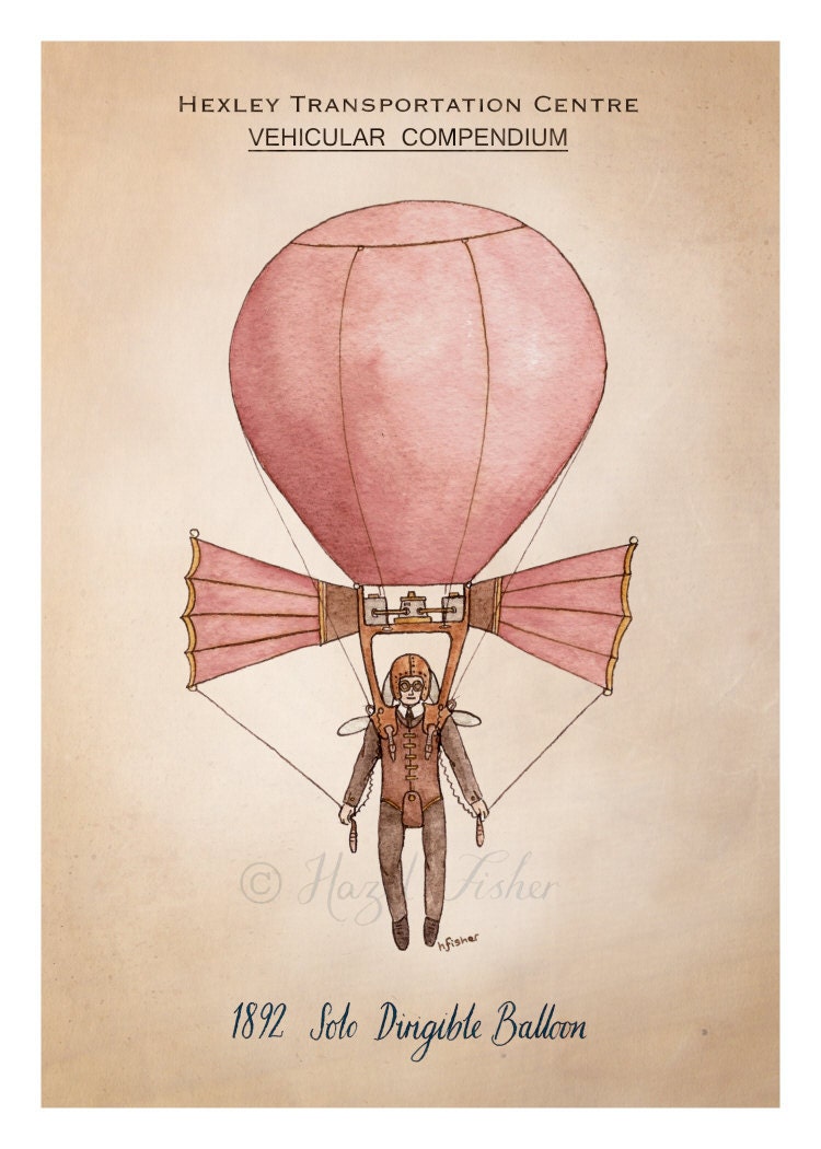 Solo Dirigible Balloon - 5x7 inch print, Steampunk illustration
