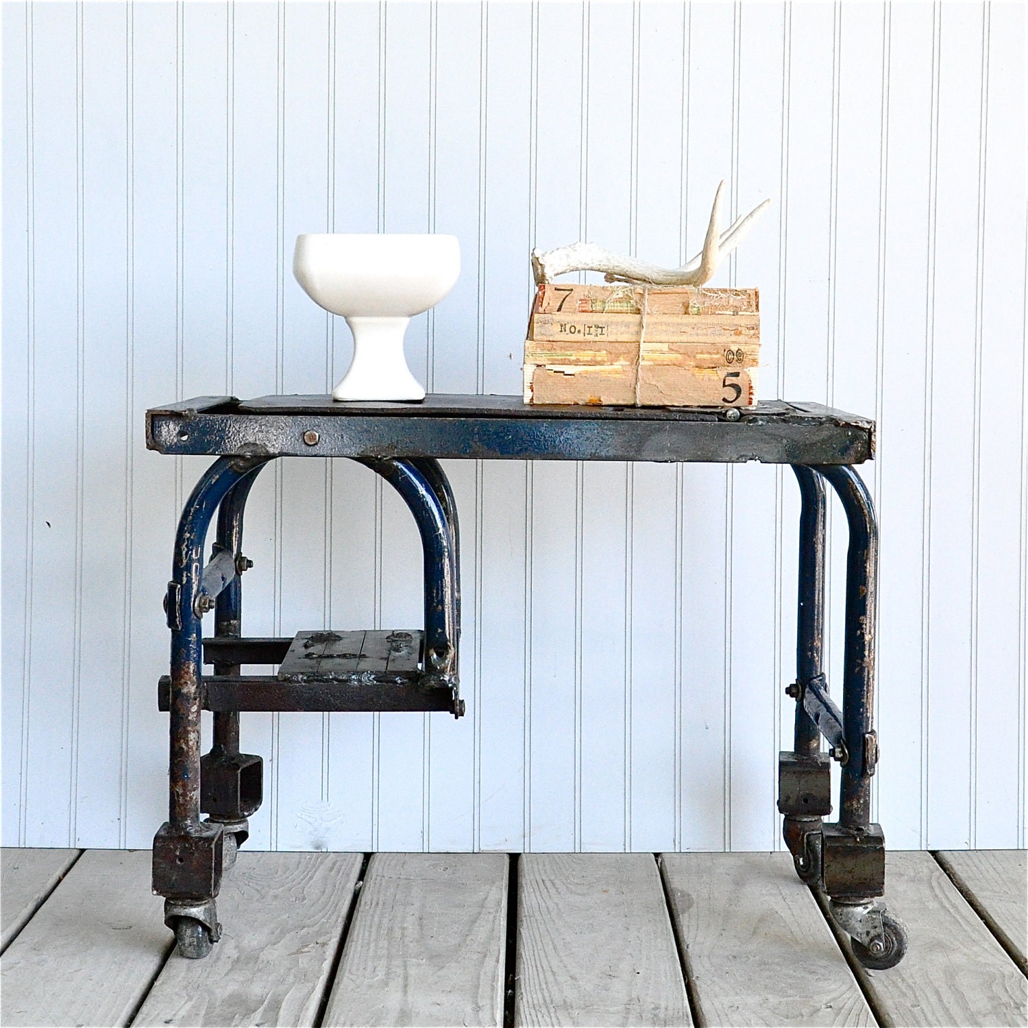 Industrial Blue Table on Casters