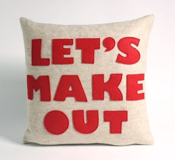 LET'S MAKE OUT - oatmeal and red- 16 inch recycled felt applique pillow