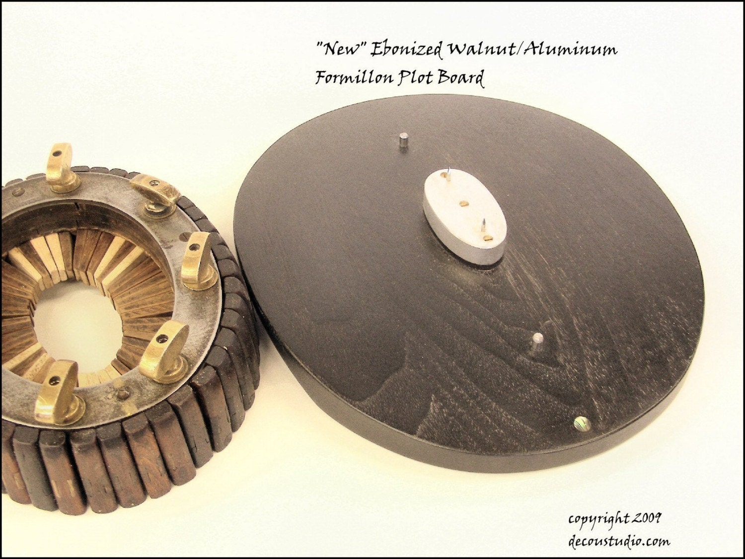 Hat Making Tool, Centerline Base Plot Board for an antique Maillard Allie Formillon (Formillion), Ebonized Walnut and Aluminum