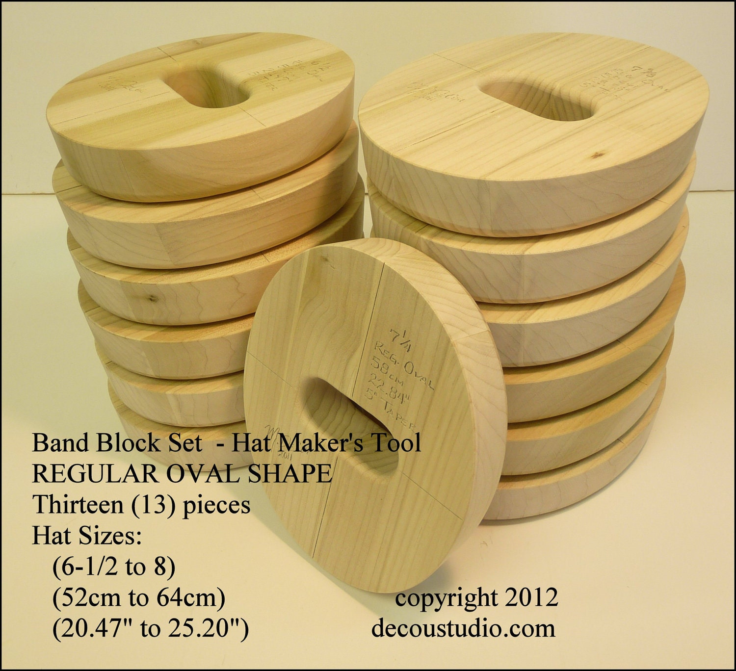 Band Block Set, Thirteen (13) Pieces, Hat Maker's Tool, - REGULAR Oval Shape - Hat Size Ranges 6-1/2 to 8