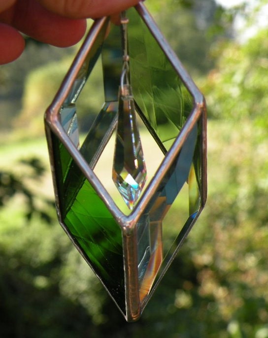 Stained Glass suncatcher with crystal greens bevels