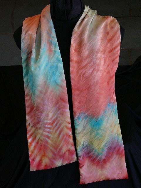 Joyful Day, Shibori hand dyed silk jacquard scarf in multicolor shades of orange, yellow, sage, aqua with sage stripped silk reverse side