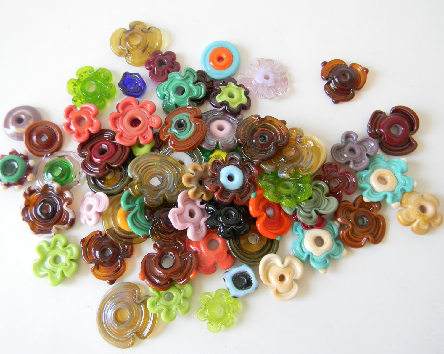 Orphan Discs and Flowers Lampwork Glass Beads Over 50 Set 1