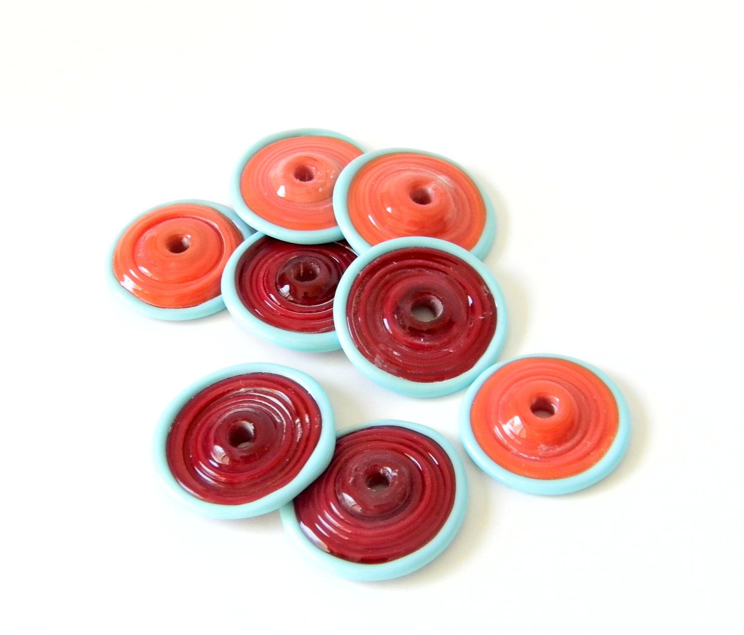 Lampwork Bead Set, 8 Beads, Coral Pink, Dark Red, Light Turquoise Round Discs