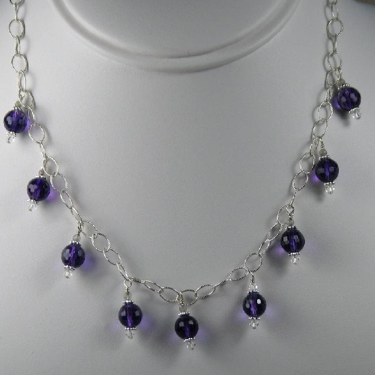 Purple Velvet  Necklace with Swarovski Crystal and Sterling Silver Chain