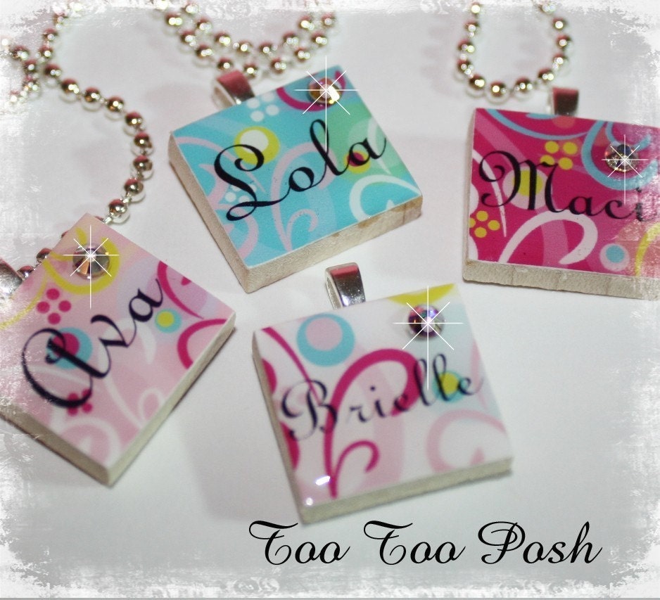 Set of 4 PERSONALIZED Scrabble Tile Pendant Necklace Party Favors